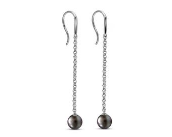 Black Pearl Dangle Earrings | Stainless Steel Rolo Chain | Custom Length Available