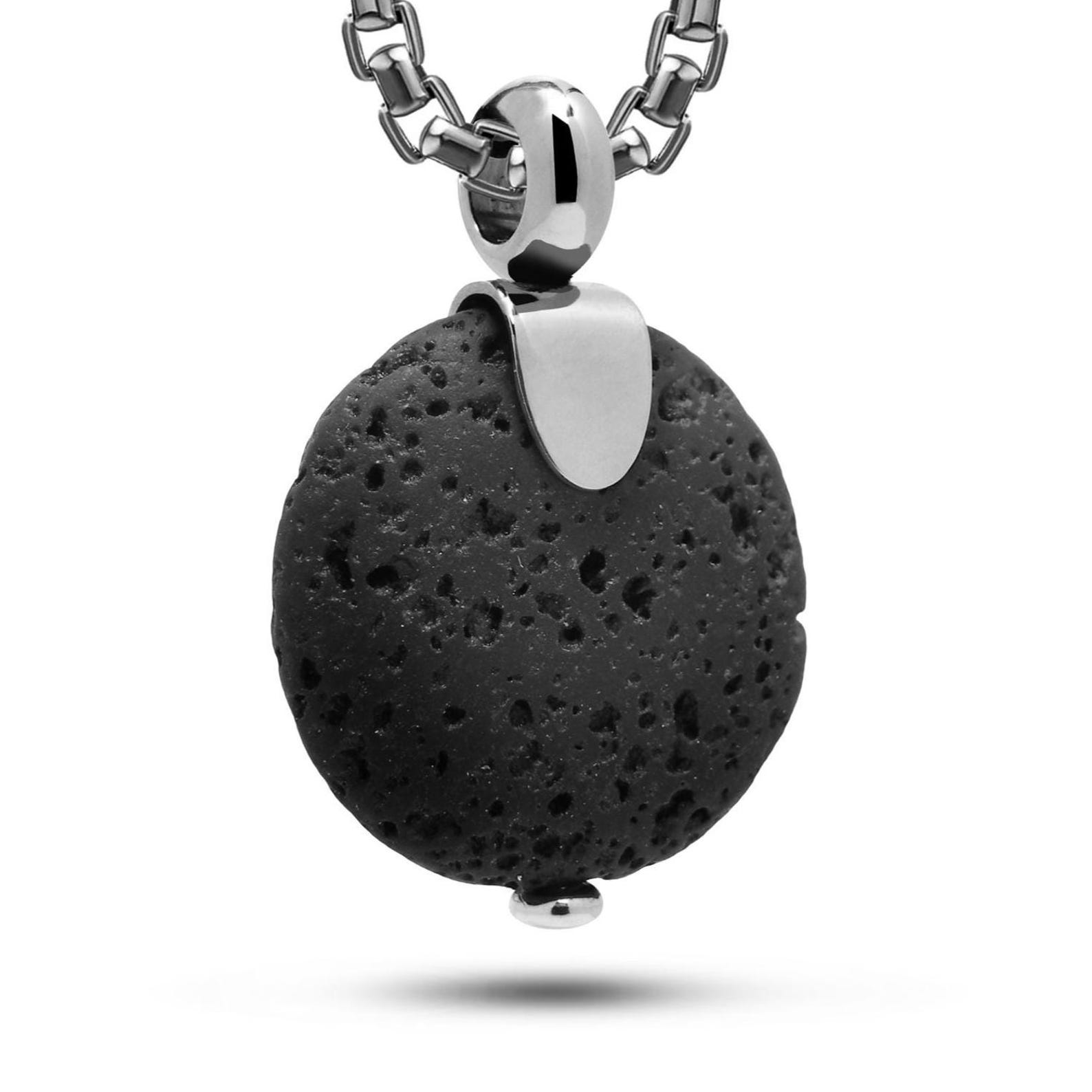 Black Lava Stone Pendant Necklace | Modern Minimalist Stainless Steel ...