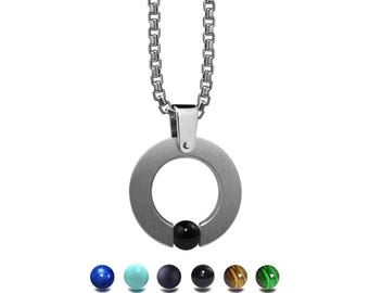 ABBRACCI flat round pendant with tension set semiprecious sphere in stainless steel