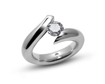 Tension Set White Sapphire Ring | Swirl Fluid Stainless Steel Bypass | Sinuoso Design