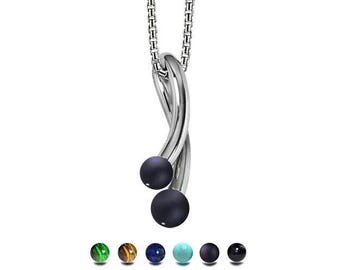 CURVE double tubular curved vertical pendant with semiprecious sphere in stainless steel