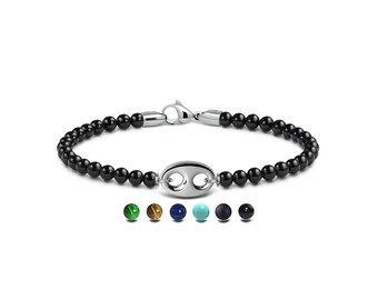 DELICATE spiritual 4mm Black Onyx beads bracelet with anchor link in stainless steel