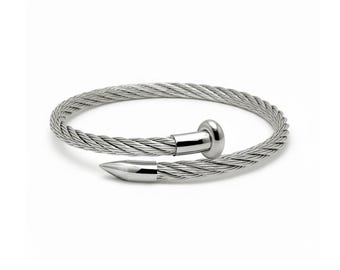 Nail Head Stainless Steel Cable Cuff Bracelet | Bold Unisex Bypass Bangle 4mm | Industrial Design