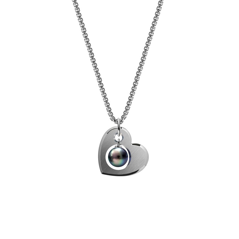CUORE open hart pendant with black pearl dangling in the center in stainless steel by Taormina Jewelry chain