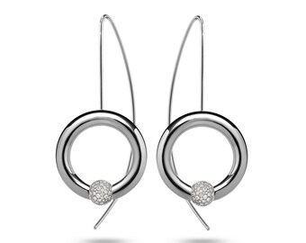 LUNA drop tubular circle earrings with tension set round Pavé White Sapphire Station in stainless steel