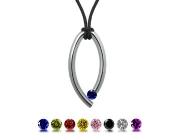 OVUM oval tubular vertical pendant with cord and tension set colored gemstones in stainless steel