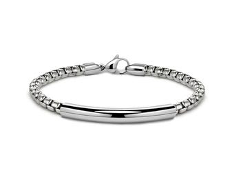 4mm box chain bracelet with curved tubular element in stainless steel