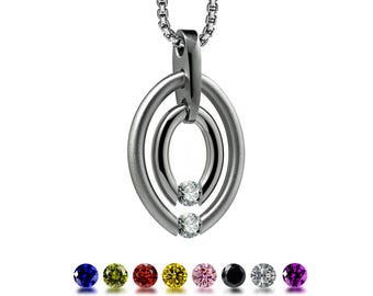 OVUM double oval tubular pendant with tension set colored gemstones in stainless steel