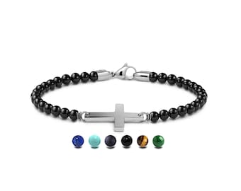 Cross Station Gemstone Beaded Bracelet 4mm | Stainless Steel Signature Clasp | Modern  Luxury Style