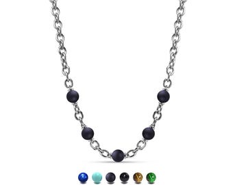 Oval link chain necklace with Obsidian  in stainless steel