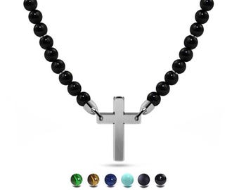 CROCE beads necklace with stainless steel cross