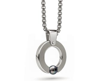 Flat O-Ring Tension Set Pendant | Minimalist Stainless Steel & Black Pearl | Abbracci Design