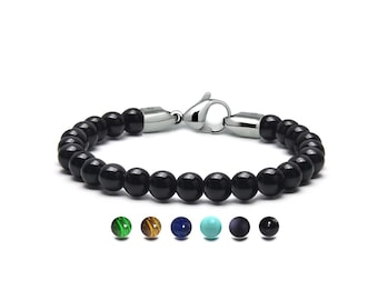 SPIRITUAL 8mm Black Onyx beads bracelet in stainless steel