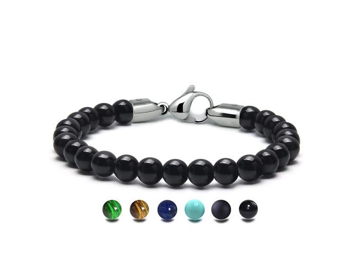 Featured listing image: SPIRITUAL 8mm Black Onyx beads bracelet in stainless steel