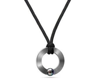 ABBRACCI flat round pendant on a cord with tension set black pearl in stainless steel