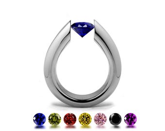 ALBA High setting tapered ring with tension set colored gemstone in stainless steel