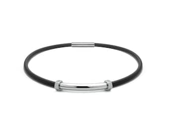 Tubular 5mm black rubber necklace with curved element, hex nuts details & bayonet clasp in stainless steel