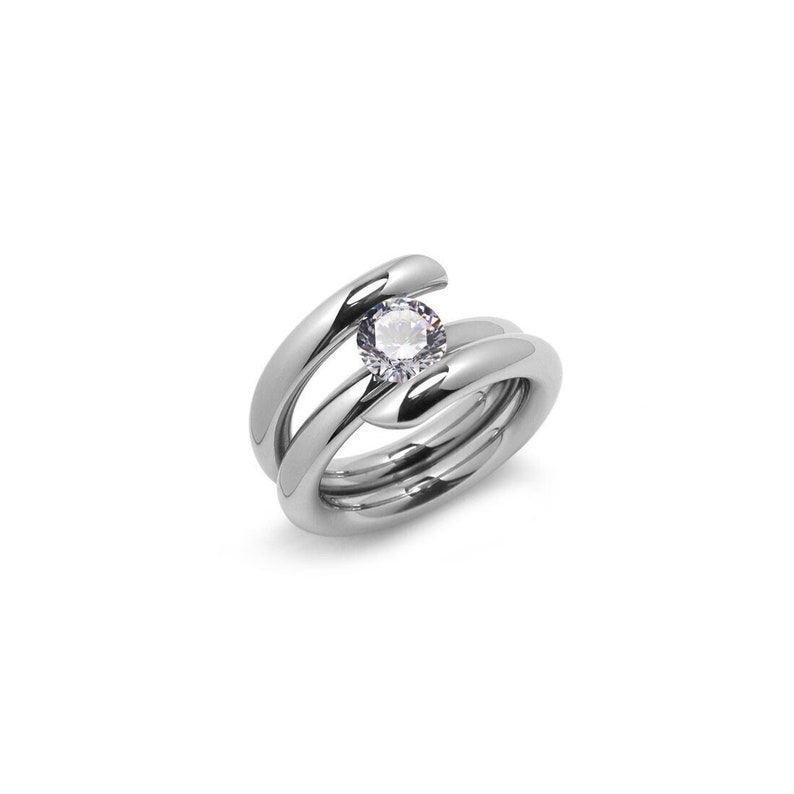 ILIANA High rise setting tubular bypass ring with tension set White Sapphire in stainless steel by Taormina Jewelry 2ct