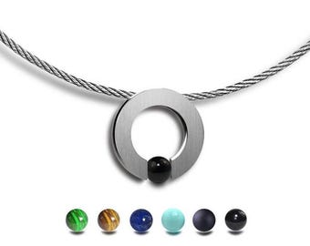 ABBRACCI round flat pendant with tension set semiprecious sphere on a cable choker in stainless steel