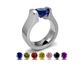 MAREA Flat & rounded high mounting ring with tension set Colored Gemstones in stainless steel