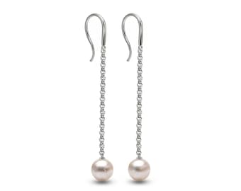 Baroque White Pearl Drop Earrings | Custom Length Available | Steel Dainty Chain Design