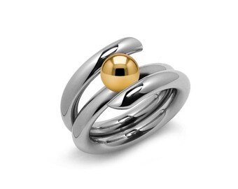 Tension Set Ring | Double Curve High-Set Stainless Steel & Gold Accent Sphere | Iliana Design