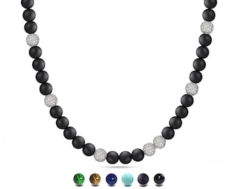 SPIRITUAL Obsidian beads necklace with Pavé White Sapphire Station in stainless steel, 6mm