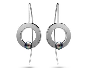 ABBRACCI Black Pearls tension set round flat drop earrings in stainless steel