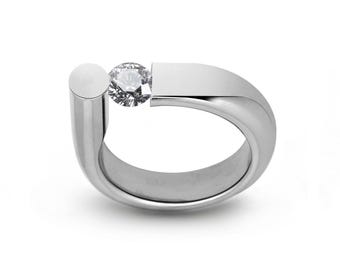 Tension Set White Sapphire Ring | Flat‑Top Tubular Off‑Center Stainless Steel | Portante Design