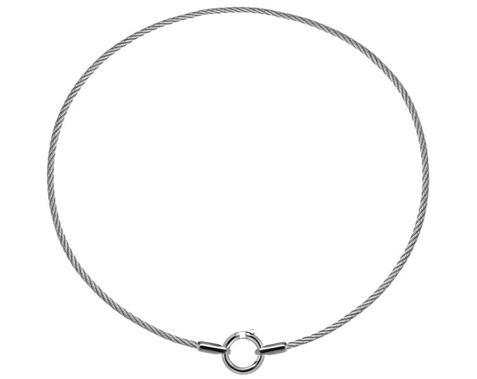 Cable choker with center round charm clasp in stainless steel by Taormina Jewelry