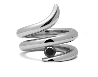 ONDE double rows bypass ring with tension set black diamond in stainless steel