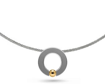 Tension Set Flat O-Ring Necklace | Stainless Steel & Gold Accent | Wire Twisted Rope Choker | Abbracci