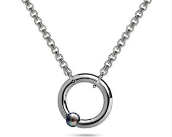 O-Ring Tension Set Asymmetrical Black Pearl Pendant | Stainless Steel Box Chain | Luna Design