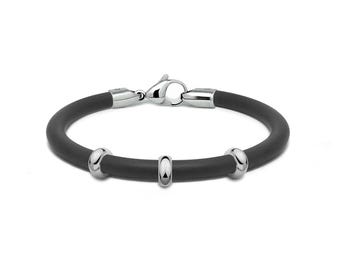 Tubular 5mm black rubber bracelet with rondel in stainless steel