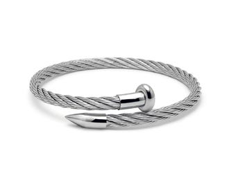 Nail Head Stainless Steel Cable Cuff Bracelet | Bold Unisex Bypass Bangle 4mm | Chiodo Design