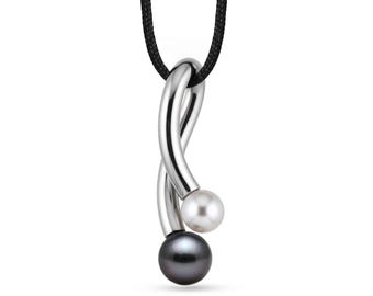 Architectural Necklace with Dual White & Black Pearls | Stainless Steel Avant Garde Minimalist Design