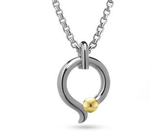 ONDE teardrop tubular pendant with tension set gold sphere in stainless steel