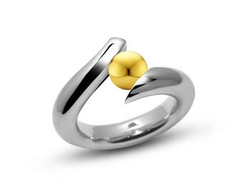 SINUOSO Swirl Ring | Tension Set Gold Sphere | Stainless Steel Fluid Design