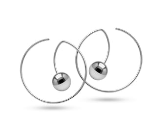 Round Threader Wire Hoop Drop Earrings | Stainless Steel Floating Sphere | Filo