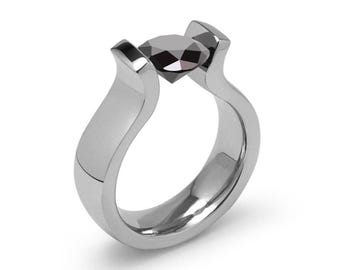 LYRE Solitaire High-Set Ring | Tension Set Black Diamond | Minimalist Stainless Steel Design
