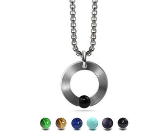 ABBRACCI round flat pendant with tension set semiprecious sphere in stainless steel