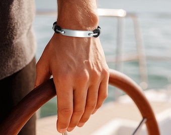 NAUTICA Black Nautical Rope Bracelet: Stainless Steel Tag, Minimalist Mens Jewelry