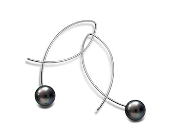 Curved Threader Hoop Earrings | Floating Baroque Black Pearl & Stainless Steel Wire | Filo Design