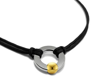ABBRACCI double rope necklace with round center ring  with tension set Gold Sphere in stainless steel