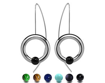 LUNA drop tubular circle earrings with tension set round natural stone in stainless steel
