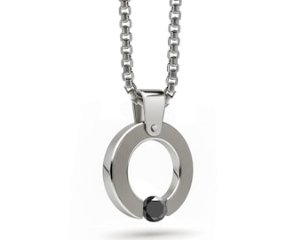 Flat O-Ring Tension Set Pendant | Minimalist Stainless Steel & Black Diamond | Abbracci Design