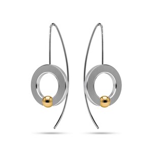 Tension Set O-Ring Dangle Earrings | Flat Brushed Stainless Steel & Gold Accent Sphere | Abbracci
