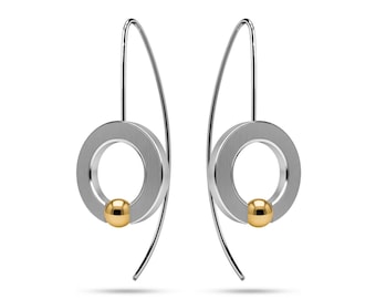 Tension Set O-Ring Dangle Earrings | Flat Brushed Stainless Steel & Gold Accent Sphere | Abbracci