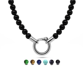 6mm Gemstone Beaded Necklace | Stainless Steel O-Ring Pendant Holder | Minimalist & Versatile Design