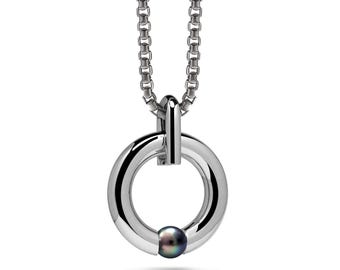 Luna Ring Pendant | Tension Set Black Pearl | Stainless Steel Design